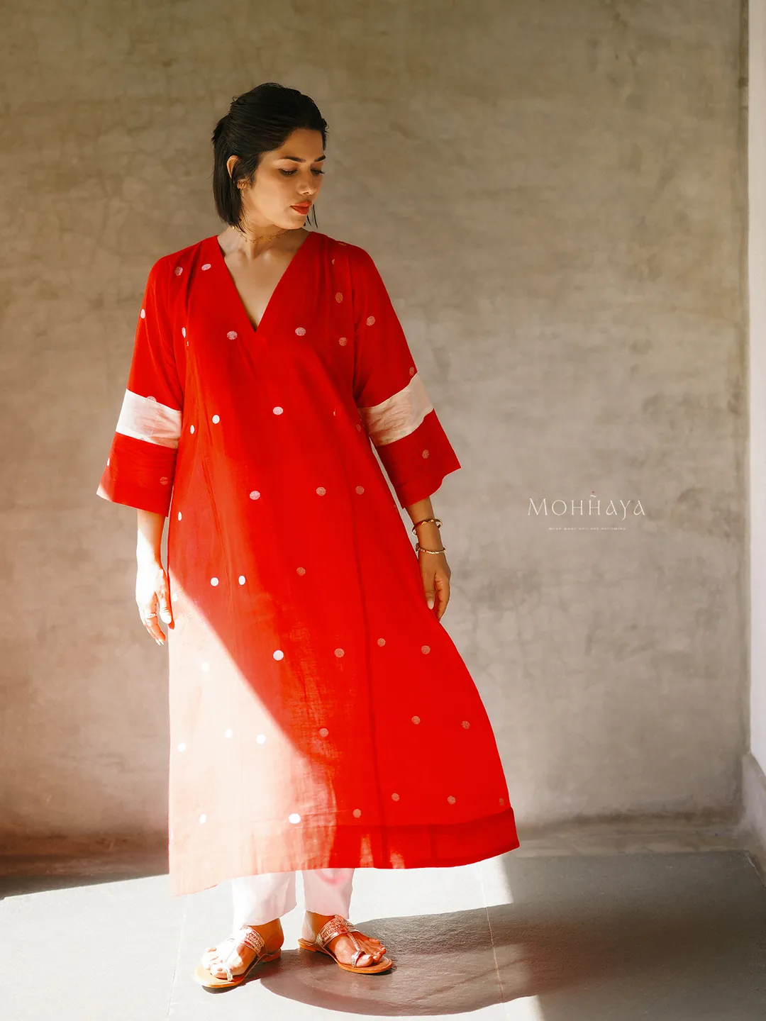 Sindoor dot kurta set, Red cotton with woven dots, ivory trousers